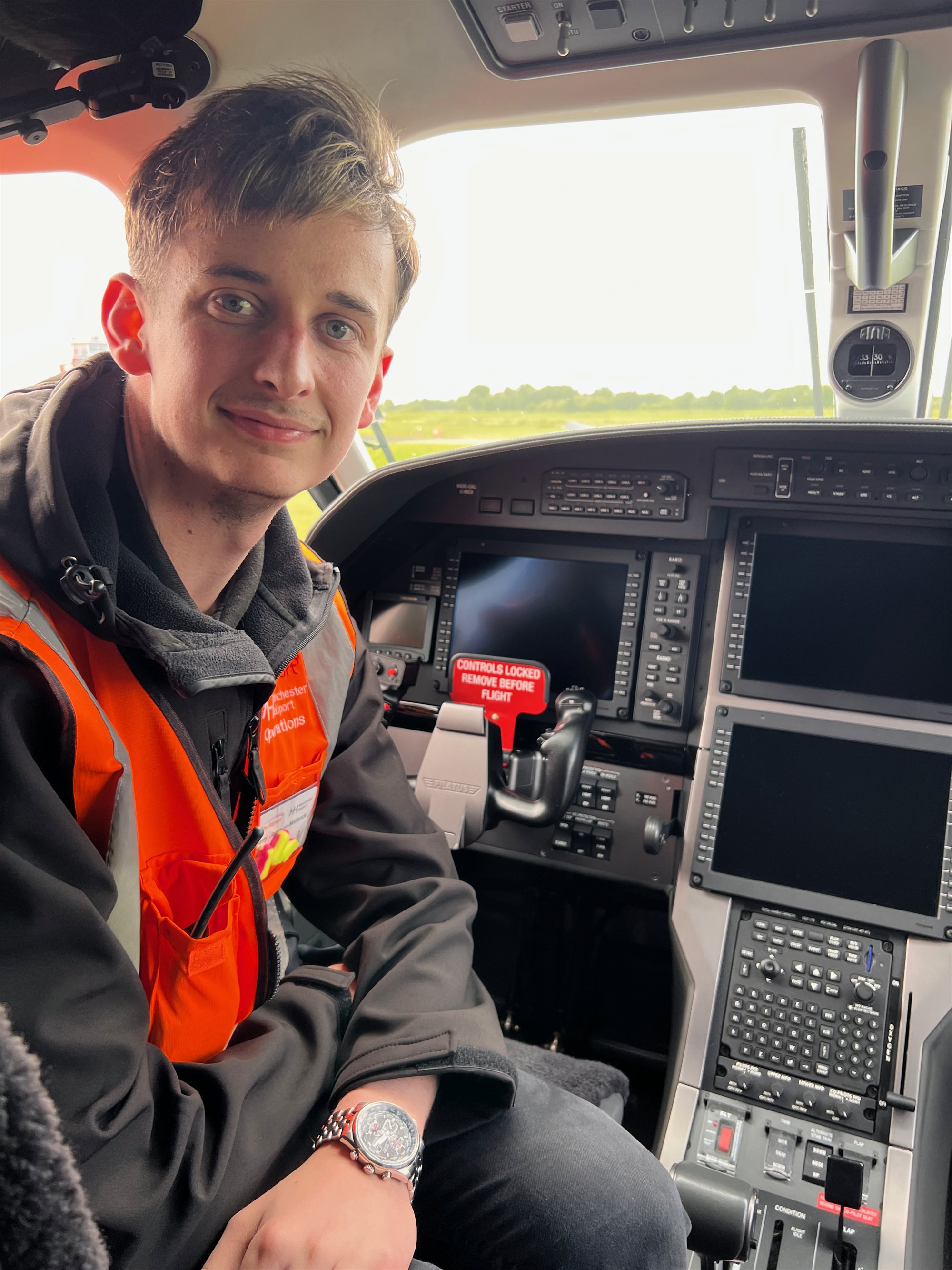 Harry Jackson-Mallender in a Pilatus cockpit